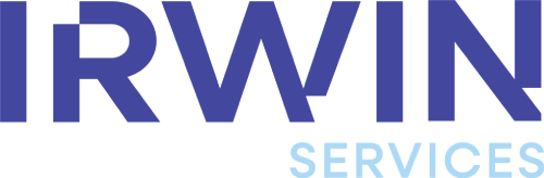 Logo with large, bold blue letters spelling IRWIN and smaller, light blue letters below spelling SERVICES on a light background.